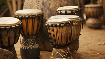 Traditional African drums displayed in soft light