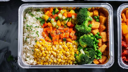 Colorful vegan meal prep containers with assorted vegetables