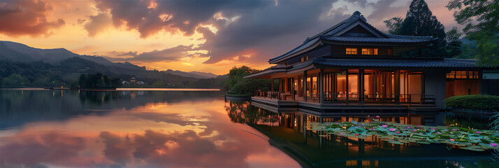 Japanese style wooden house, next to the lake, lotus flowers on the lake, dramatic evening sky,...
