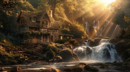 House next to a beautiful waterfall, in the middle of a beautiful forest, morning sun