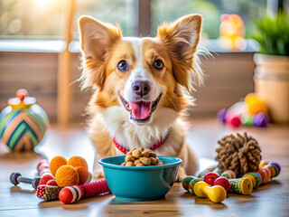 close-up cute and playful dog with different pet accessories.