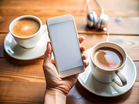 close-up hand holding phone white screen over work table