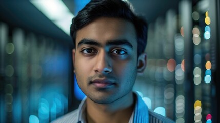 The close up picture of the IT specialist man from south asia is looking at camera and working in the server room, the IT specialist require skill like technology knowledge and data analysis. AIG43.tt