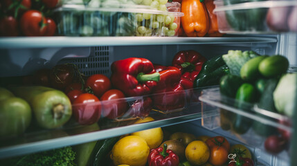 The refrigerator is stocked with an abundance of natural foods, including green bell peppers, red bell peppers, yellow peppers, and various other fruits and vegetables - Powered by Adobe