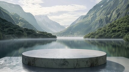 A simple, yet elegant podium, made of natural stone, set against a backdrop of a serene, mountain lake. - Powered by Adobe