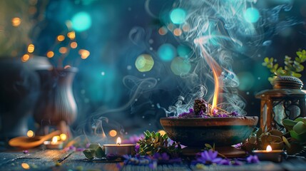 Mystical incense burner with smoke and ambient lighting