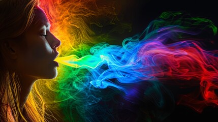 Colorful smoke art from a woman's mouth against a dark background