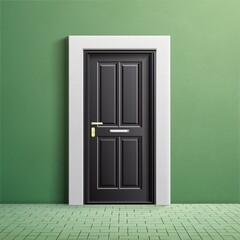 door with screen,the simplicity of a black door against a green wall, emphasizing clean lines and geometric