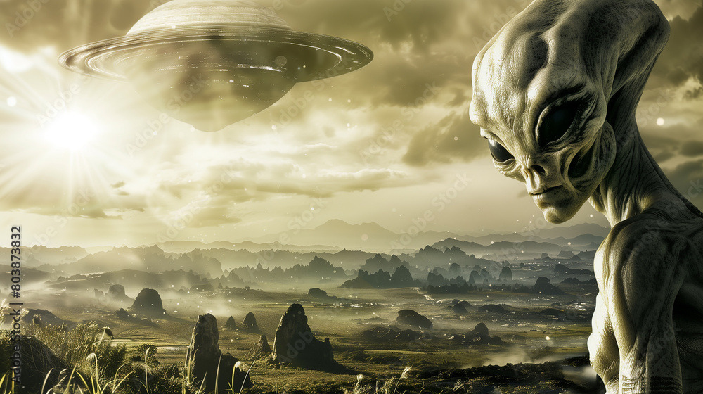 Poster create an image of a world where humans live in harmony with alien civilizations