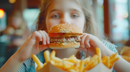 A small girl is eating a hamburger. She has brown hair and blue eyes. She is wearing a pink shirt.