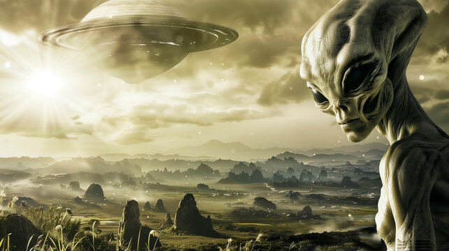 Create an image of a world where humans live in harmony with alien civilizations