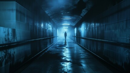 A shadowy figure standing at the end of a long, empty corridor, symbolizing isolation.