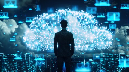 Futuristic data visualization with adult male silhouette against digital background
