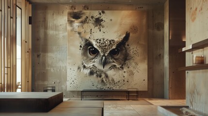 A serene watercolor splash art of a wise old owl, its feathers a mix of soft browns and grays, gazing out from the wall of a serene meditation room in a modern luxury home.