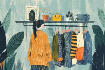 Illustrated Woman Organizing Modern Wardrobe - obrazy, fototapety, plakaty