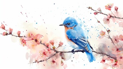 A serene watercolor splash art of a bluebird perched on a blossoming cherry branch, isolated on a white background, symbolizing hope and happiness.