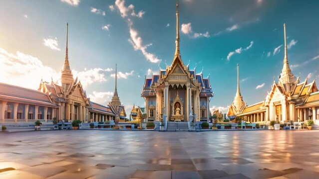 video Wat Phra Kaew Temple of the Emerald Buddha with blue sky Bangkok Asia Thailand