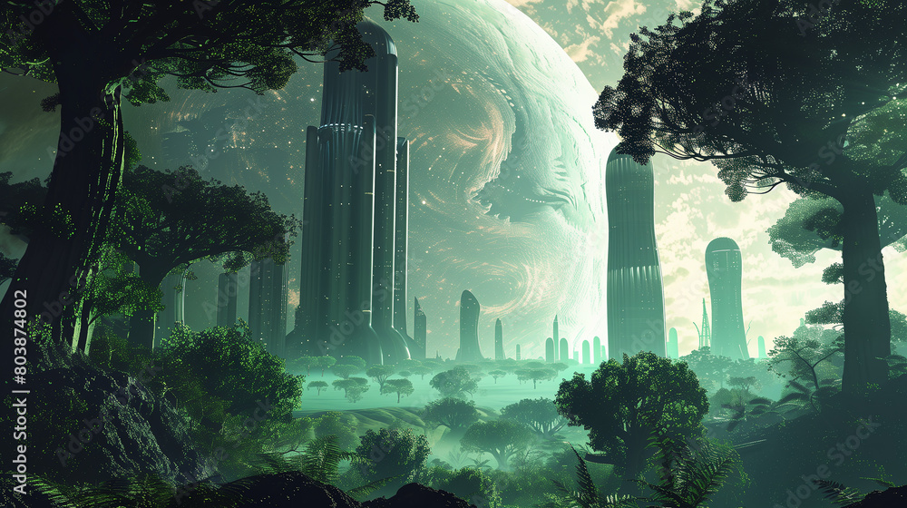 Poster create an image of a world where humans live in harmony with alien civilizations