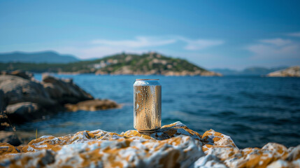 Fototapeta premium bottle on the beach, Tall silver beer can, closeup. Space for design, drink can on rocks and cliff, blue sky