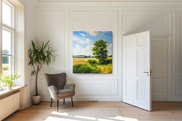 A serene landscape painting depicting a peaceful countryside scene hanging elegantly on a white interior wall.