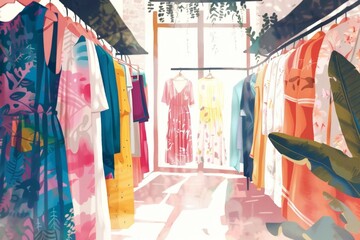 Colorful Clothing Store Interior Illustration - obrazy, fototapety, plakaty