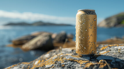 bottle on the beach, Tall silver beer can, closeup. Space for design, drink can on rocks and cliff, blue sky