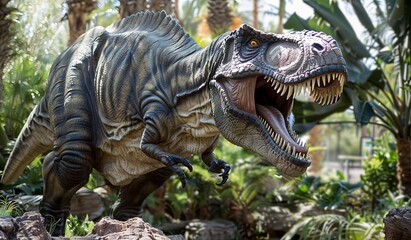 Lifelike animatronic T-rex dinosaur in a lush park setting