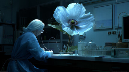 Homeopathic doctor from future, in his laboratory studying a flower, to extract its essence for remedies. - obrazy, fototapety, plakaty