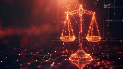 Digital justice scales on a red network background