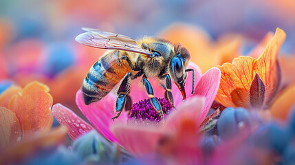 Nature's Harmony: Bee Collecting Nectar from Colorful Flower, Photography Capturing Delicate Interaction