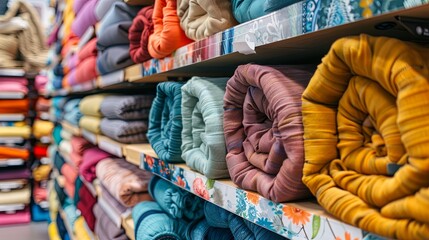 Colorful fabric rolls on display at a craft store