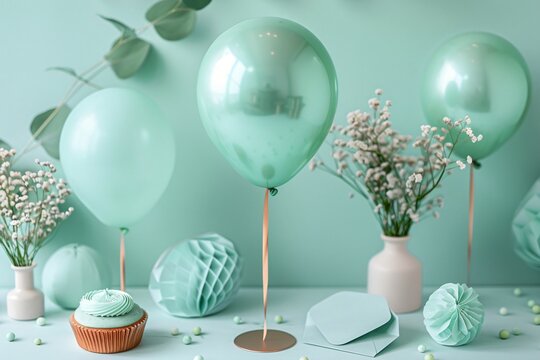 realistic mock up empty high quality photo of birthday wedding anniversary  invitation card under pastel green theme color, background, wallpaper