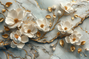 3D marble texture with gold and white magnolia flowers. Created with Ai