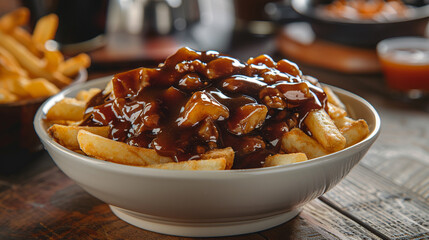 Savory Delight: Close-Up of Canadian Poutine Dish, Photography Highlighting Layers of Ingredients