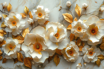 3D relief of white and gold flowers on marble. Created with Ai