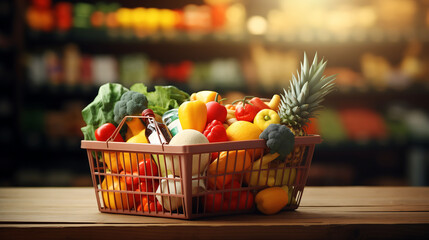 Naklejka premium Fresh Food and Groceries in Shopping Basket on Wood Table with Blurred Supermarket Background AI Generated