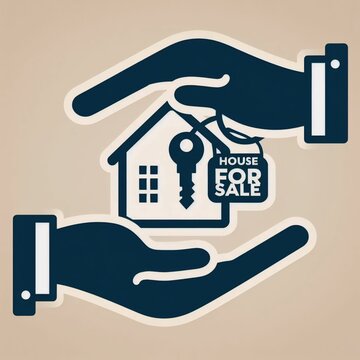Icon of two hands selling house with key and also with text House for Sale