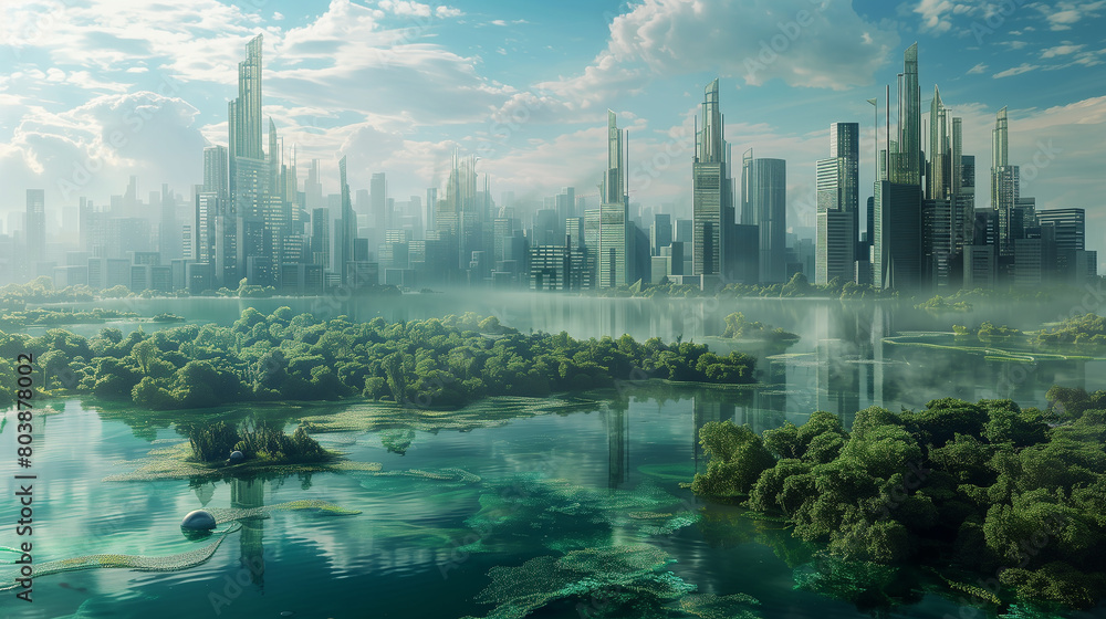 Poster visualize a future where humans use bioengineered organisms to clean up pollution.