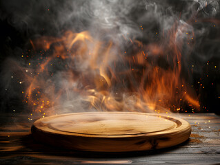 Wooden table with fiery flames background and warm light. Fiery Flames Background.