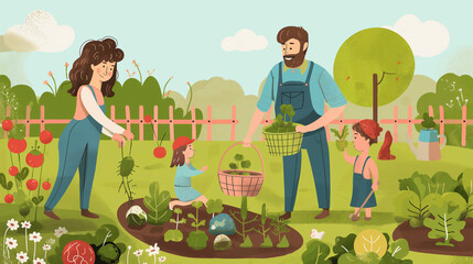 A happy family plants green vegetables in their garden, enjoying leisure time and recreation in nature. The blue sky and fluffy clouds above make the scene an art - obrazy, fototapety, plakaty
