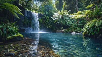 A secluded waterfall cascading into a crystal-clear pool surrounded by lush greenery.