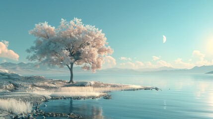 Minimalist Nature Calm Landscape: A 3D illustration portraying a calm landscape in nature