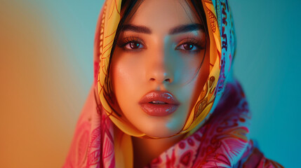 Neon Retro Fashion: Gen-Z Arabic Woman in Stylish Clothes, Full-Body Portrait with Sony Camera