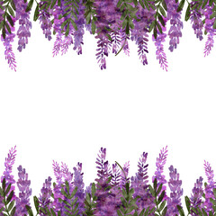 llustration of wisteria in watercolor, hand-drawn to create a floral border, transparent background