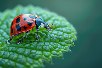 Beautiful ladybug on a green leaf, macro photography with a macro lens in high resolution and high quality with high detail and very detailed shots with sharp focus. Created with Ai
