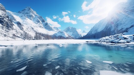 Majestic mountain landscape frozen blue water winter adventure outdoors ,8k