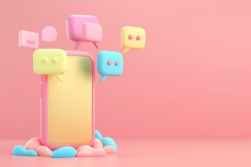 Playful 3D Clay Illustration of Smartphone with Colorful Chat Bubbles on Soft Pink Background - obrazy, fototapety, plakaty