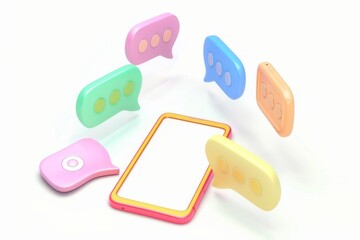 Vibrant 3D Clay-Style Illustration of Colorful Chat Bubbles Floating Around a Smartphone - obrazy, fototapety, plakaty