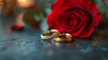 Symbolic Love: Rings and Vibrant Red Rose, Photography Emphasizing Commitment - Powered by Adobe
