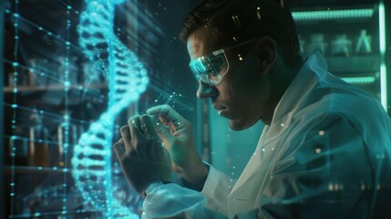 A scientist in a high-tech lab analyzing a DNA strand projected in 3D holographic form.